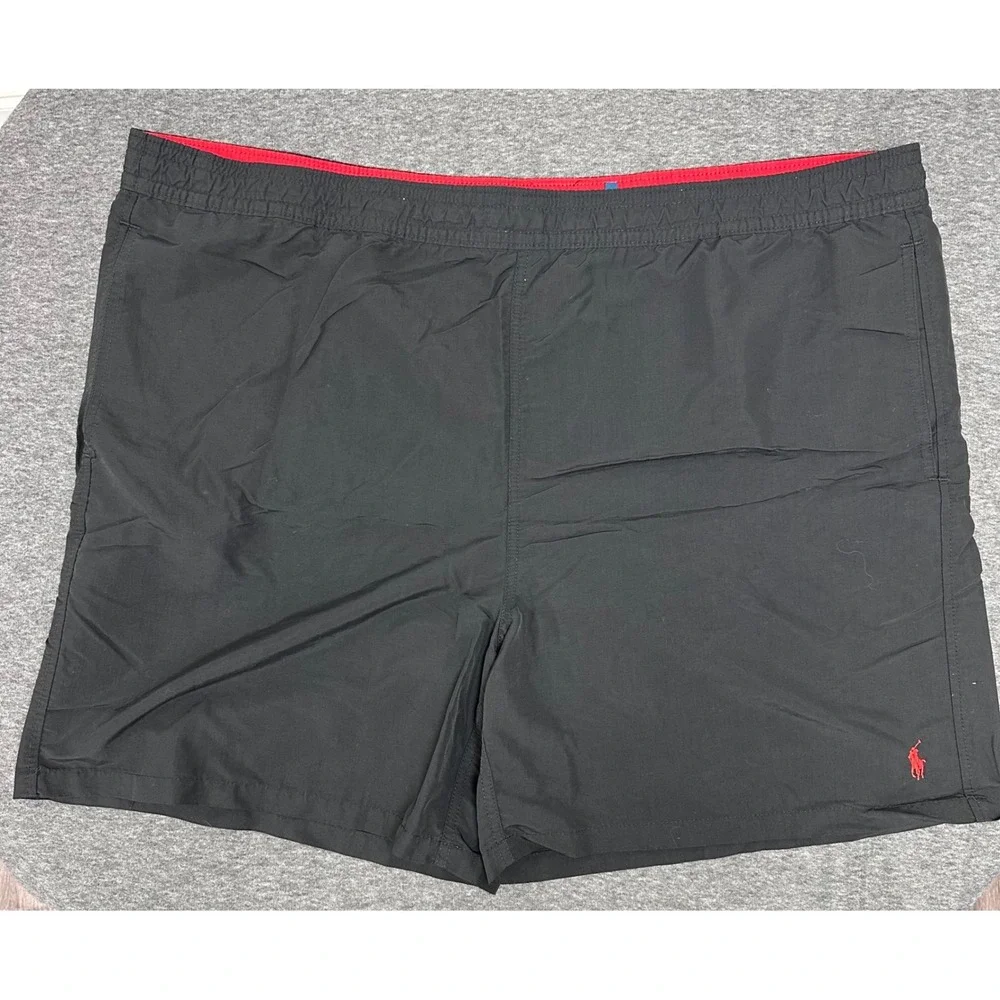 Polo Ralph Lauren Black Swim‎ Trunks Elastic Red Waist Red Pony Logo 2XB